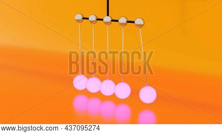 Animation With Glowing Newton Balls. Design. 3d Newtons Pendulum To Prove Law In Physics. Newtons So