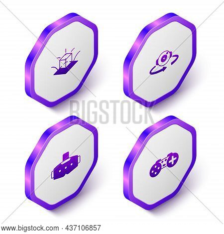 Set Isometric 3d Modeling, 360 Degree View, Virtual Reality Glasses And Gamepad Icon. Purple Hexagon