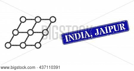 Low-poly Skewed Grid Designed Of Chaotic Filled Triangles, And Grunge India, Jaipur Badge. Blue Roun