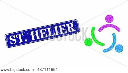 Low-poly Men Community Designed From Chaotic Filled Triangles, And Grunge St. Helier Stamp. Blue Rou