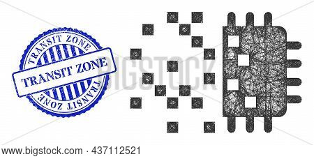 Vector Network Digital Chip Generation Carcass, And Transit Zone Blue Rosette Grunge Stamp Seal. Wir