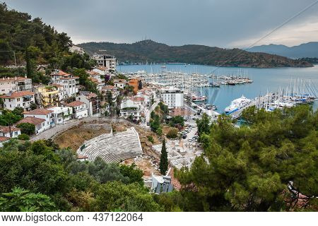 Yachts And Boats In The Harbor, Fethie, Turkey. The Promenade Of The City Of Fethiye, Boats Are At B