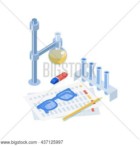 Isometric Vaccination Composition With View Of Test Tubes Glass Vial And Goggles With Paper Formular