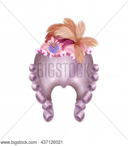Realistic Rococo Women Wig Vintage Composition With Isolated Image Of Fleecy Hair With Flowers And F