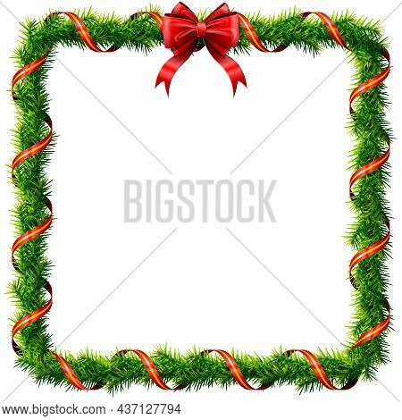Thin Christmas Square Wreath With Red Bow And Ribbon. Rectangle Frame Of Pine Branches Isolated On W