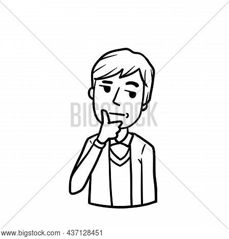 Young Thoughtful Man Holds Hand To Chin. Dreamy And Pensive Guy. Gesture Of Doubt. Complex Issue. So