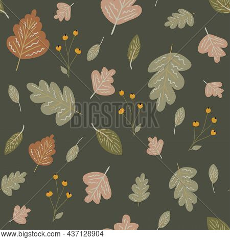 Seamless Vector Pattern In Autumn Colors With Mushrooms, Leaves, Etc. Wallpaper, Scrapbooking, Texti