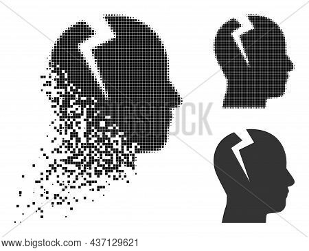 Fractured Dot Head Migrain Ache Pictogram With Halftone Version. Vector Destruction Effect For Head 