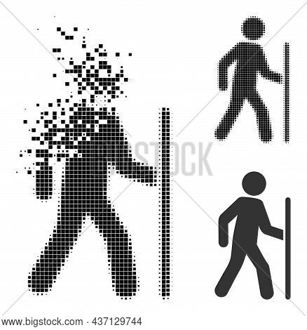 Damaged Dot Hiking Man Icon With Halftone Version. Vector Wind Effect For Hiking Man Icon. Pixelated