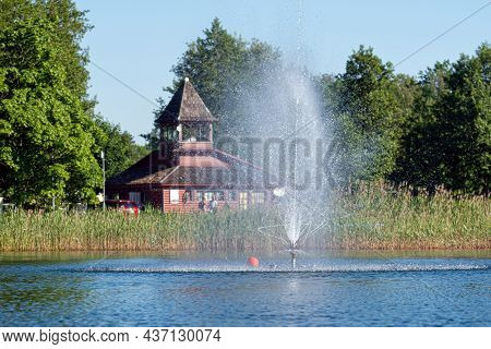 Fountain In Lake Aluksne Near Pilssala On A Sunny Summer Afternoon, Aluksne, Vidzeme, Latvia
