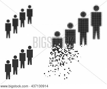 Broken Dotted People Queue Icon With Halftone Version. Vector Wind Effect For People Queue Icon. Pix
