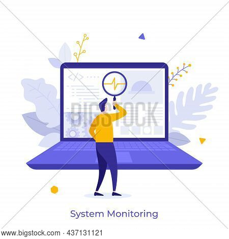 Man Looking At Indicators On Laptop Screen Through Magnifying Glass. Concept Of P Performance Or Com