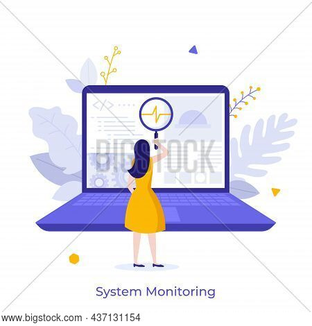 Woman Looking At Indicators On Laptop Screen Through Magnifying Glass. Concept Of P Performance Or C