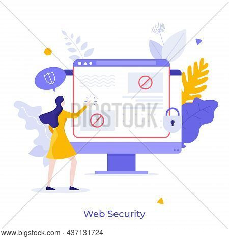 Woman Touching Computer Screen With Browser Window And Lock. Concept Of Web Security Software, Cyber