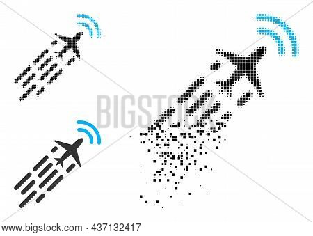 Dissolving Dot Supersonic Airplane Flight Pictogram With Halftone Version. Vector Wind Effect For Su
