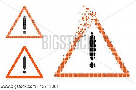 Disappearing Pixelated Warning Icon With Halftone Version. Vector Wind Effect For Warning Icon. Pixe