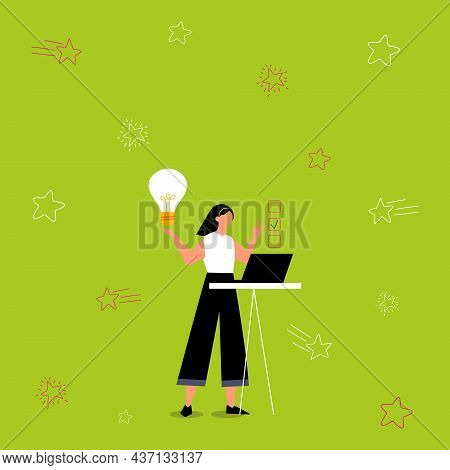 Illustration Of Girl Using Laptop Having New Amazing Ideas And Making Checklist. Lady Drawing Workin