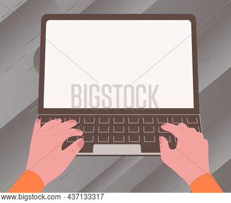Illustration Of A Busy Hand Working On Laptop Searching For New Wonderful Ideas. Palm Drawing Active