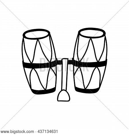 Single Hand Drawn Traditional African Drum. Doodles Vector Illustration. Isolated On A White Backgro