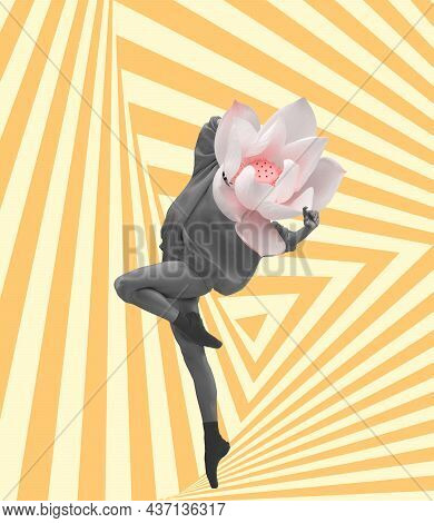Contemporary Art Collage Of Dancing Woman With Tender Flower Head Isolated Over Hypnotising Yellow B