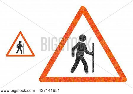 Low-poly Hiking Warning Icon On A White Background. Flat Geometric Polygonal Symbol Based On Hiking 