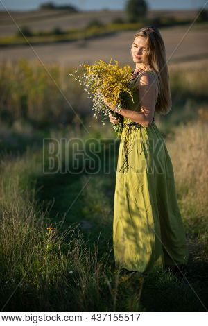 A Young Herbalist In Love With A Bouquet Of Herbs Strolls Romantically Through The Meadows.