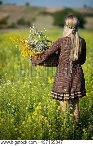 An Herbalist With A Basket Full Of Herbs, Stands In A Field Of Rapeseed.