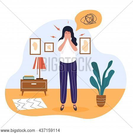 Panic Attack Concept. Unhappy Girl In Depressed State. Character With Psychological And Mental Probl
