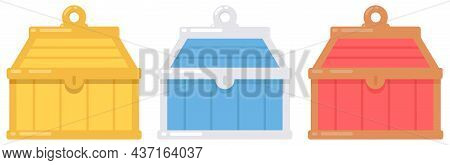 Set Of Closed Antique Treasure Chest. Vector Flat Art