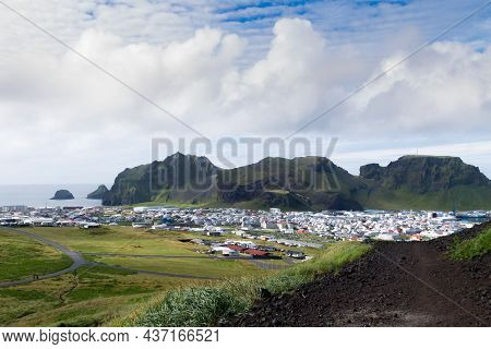 Heimaey Town Aerial View From Eldfell Volcano. Iceland Landscape. Westman Islands
