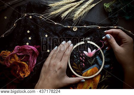Dark Flat Lay With Embroidery. Craft, Handmade, Hobby