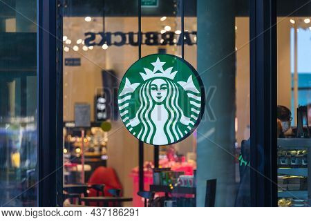 Moscow, Russia - October  14, 2021:  Starbucks Coffee Shop Famous Branches In Moscow.  Logo Starbuck