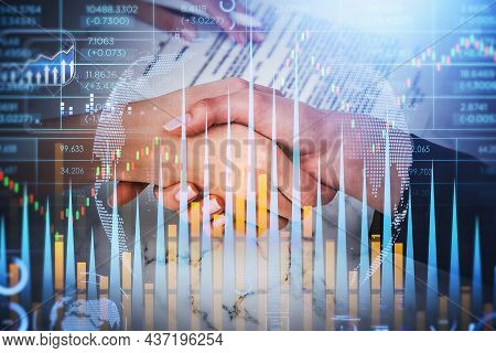 Two Businesswomen Shake Hands. Double Exposure Of Legal Contract And Hologram With Bar Chart, Number