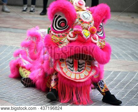 Hong Kong - Feb 9, 2019: Traditional Lion Dance To Celebrate The Chinese New Year In Tung Chung On F
