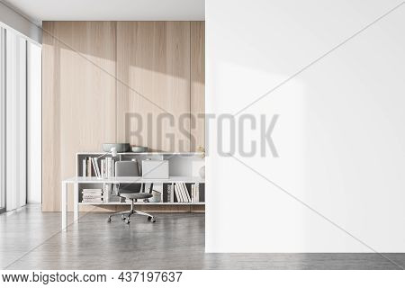 Empty White Wall With Personal Office In Interior Design, Using Modern Shelf, Simple Desk, Grey Offi