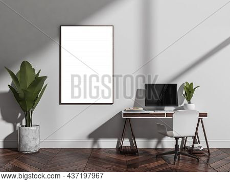 White Workspace With Modern Personal Desk, Office Chair, Dark Parquet Floor, Indoor Plant And Empty 