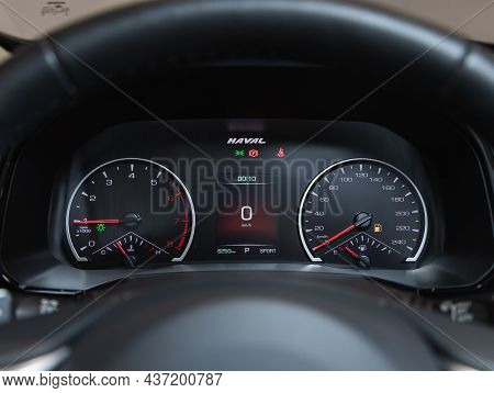 Novosibirsk, Russia - September 12, 2021: Haval F7, Black Car Speedometer. Close Up Shot Of The Dash