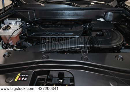Novosibirsk, Russia - September 12, 2021: Haval F7, Under The Hood Of Car. Powerful Engine Closeup. 
