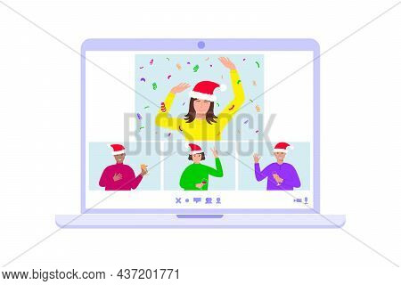 Online Christmas Or New Year Home Party Concept. People On Laptop Screen Celebrating, Dancing, Commu