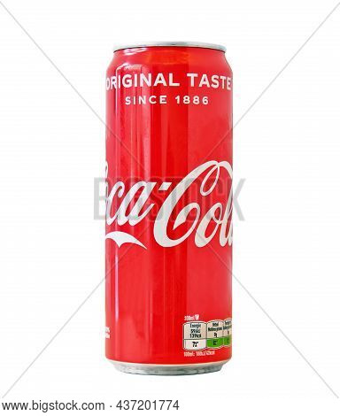 Aluminum Can With Sweet Carbonated Drink Cola Isolated On A White Background, Made For Belgium