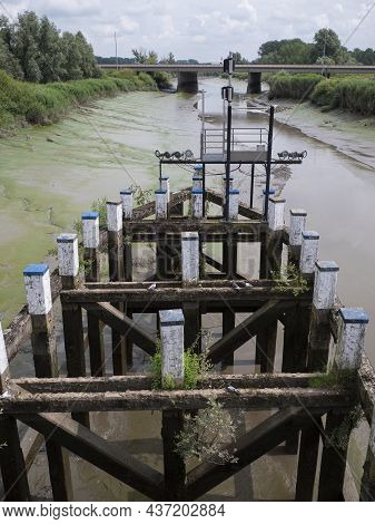 Wooden Construction On A Bridge Over The River Durme In Hamme Belgium