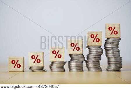 Percentage Sign Print Screen On Wooden Cube Block Which Lay Down On Increasing Coins Stacking For In