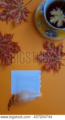 A Cup Of Tea, Maple Leaves, Paper, Bird Feather On An Orange Background. Autumn Composition