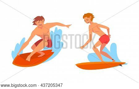 Man Surfer Character On Surf Board Riding Moving Wave Of Water Vector Se