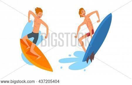 Man Surfer Character On Surf Board Riding Moving Wave Of Water Vector Se