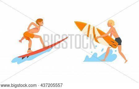 Man Surfer Character On Surf Board Riding Moving Wave Of Water Vector Se