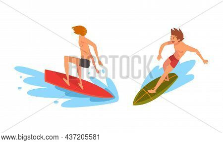 Man Surfer Character On Surf Board Riding Moving Wave Of Water Vector Se