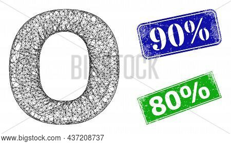 Mesh Omicron Greek Lowercase Symbol Model, And 90 Percent Blue And Green Rectangle Corroded Stamp Se