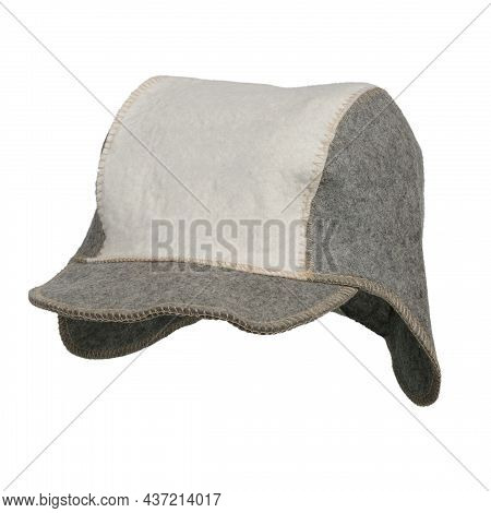 Classic Two-color Gray And Beige Felt Hat For Head Protection In The Sauna. In Russian Style Isolate