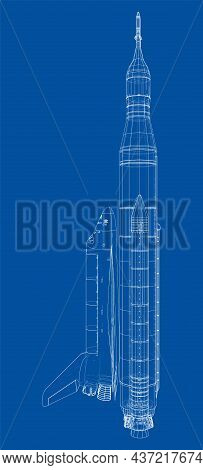 Rocket Carrying Space Shuttle. Vector Rendering Of 3d. Wire-frame Style. Elements Of This Image Furn